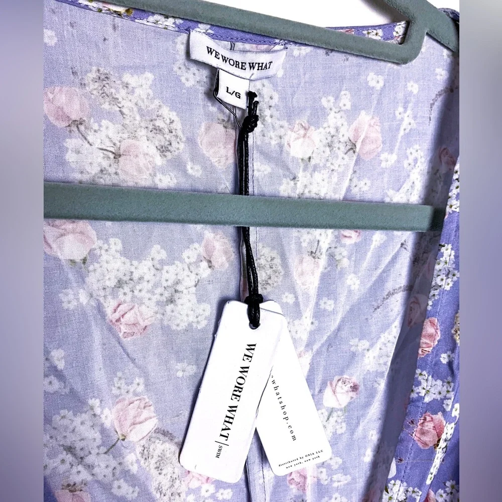 Sexy Summery WeWoreWhat Blanca Floral & Periwinkle Puff-Sleeve Wrap Mini Dress - Picture 9 of 12